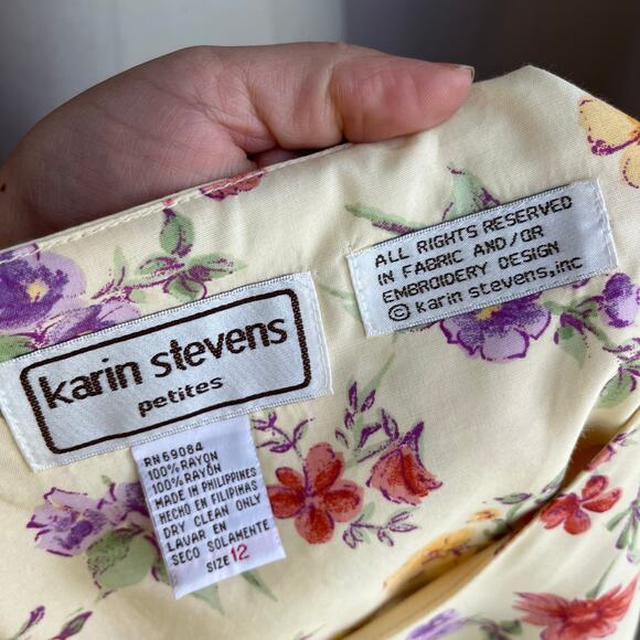 Vintage Karin Stevens Butter Yellow Floral Waist Tie A Line Dress Size 12 - Picture 7 of 7